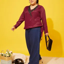 QUIERO MAS Plus Size Embellished Square Neck Cuffed Sleeves Blouson Top image 5