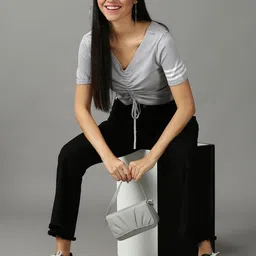 SHOWOFF Grey & White Striped Crop Top image 5