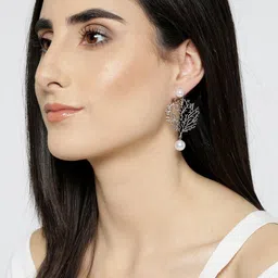 Carlton London Silver-Toned & White Rhodium-Plated Contemporary Drop Earrings image 5