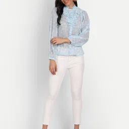 masakali.co Masakali Co Blue Floral Print Mandarin Collar Ruffles Georgette Shirt Style Top image 4