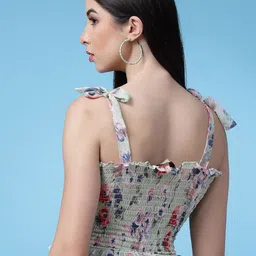 Oomph! Floral Printed Shoulder Straps Smocked Fitted Crop Top image 5