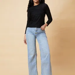 Globus Black Self Design Semi Sheer Long Sleeve Top image 3