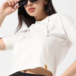 Campus Sutra White Hooded Extended Sleeves Cotton Crop T-shirt image 5