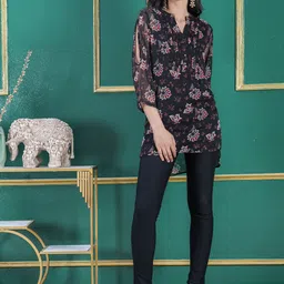 DEBONATELLA Floral Print Mandarin Collar Crepe Shirt Style Top image 3