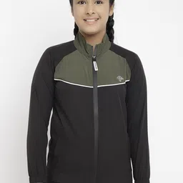 CHIMPRALA Girls Olive & Black Colourblocked Water Resistant Sporty Jacket-picture-11