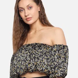 Trend Arrest Black & White Floral Off-Shoulder Georgette Bardot Crop Top-picture-20