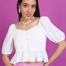 Tokyo Talkies White Checked Square Neck Puff Sleeves Smocked Peplum Crop Top-picture-40