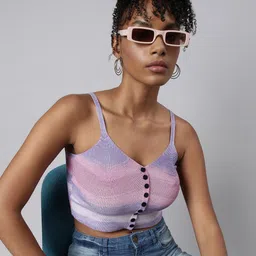 SHOWOFF Striped Fitted Shoulder Straps Crop Top-image-91