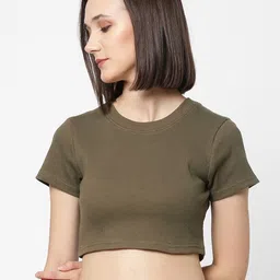 VASTRADO Olive Green Pure Cotton Knitted Crop Top-picture-18