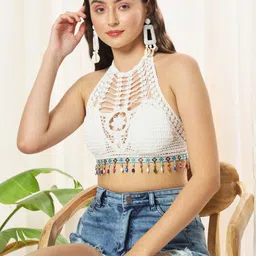 TANDUL Self Design Halter Neck Styled Back Crop Top-picture-10