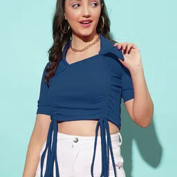 Selvia Shirt Collar Ruched Crop Top-picture-31