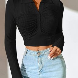 Stylecast X Slyck Self Design Shirt Collar Shirt Style Crop Top-picture-24