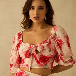 Virgio Women Viscose Tie-Up Neck Crop Length Floral Puff Sleeves Top-image-12