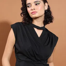 Tokyo Talkies Black Choker Neck Extended Sleeves Crop Wrap Top-picture-27