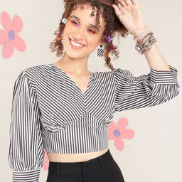 fuchsia PRETTY LOVING THING Vertical Stripes Puff Sleeves V-Neck Cotton Wrap Crop Top-picture-15
