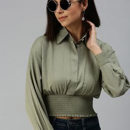 SHOWOFF Olive Green Smocked Shirt Style Crop Top-picture-45
