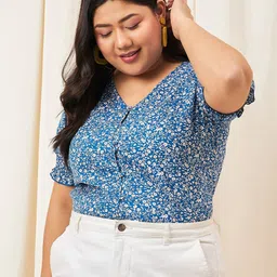 Berrylush Curve Plus Size Blue Floral Printed Puff Sleeves Top image 2