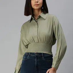 SHOWOFF Olive Green Smocked Shirt Style Crop Top image 5