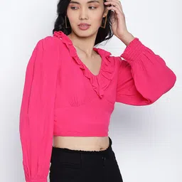 Oxolloxo Pink Bishop Sleeves Frilled Design Blouson Crop Top image 3