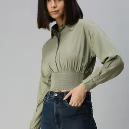SHOWOFF Olive Green Smocked Shirt Style Crop Top image 4