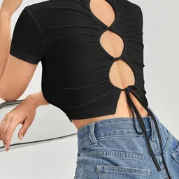 Stylecast X Slyck Ribbed Round Neck Short Sleeves Fitted Crop Top image 4