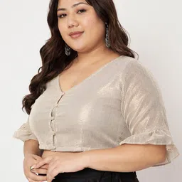 studio rasa Striped Puff Sleeve Sheen Crop Top image 4