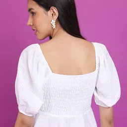 Tokyo Talkies White Checked Square Neck Puff Sleeves Smocked Peplum Crop Top image 5