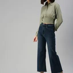 SHOWOFF Olive Green Smocked Shirt Style Crop Top image 3