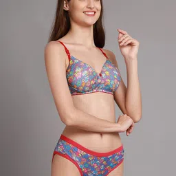 AROUSY Pack of 2 Floral Printed Cotton Lightly Padded Bra & Mid-Rise Brief image 2