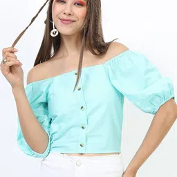 Tokyo Talkies Teal Off-Shoulder Bardot Crop Top image 1