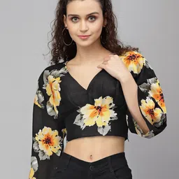 KASSUALLY Black & Yellow Floral Print Extended Sleeves Crop Top image 1