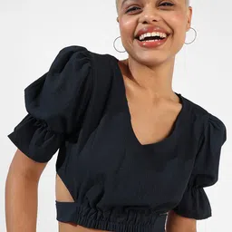 Campus Sutra V-Neck Cut Out Back Style Tie Up Crop Top image 1