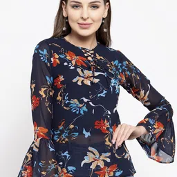Claura Navy Blue Floral Print Georgette Top image 1