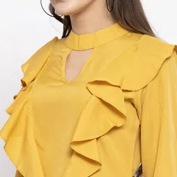 Claura Women Yellow Keyhole Neck Ruffles Crepe Top image 2