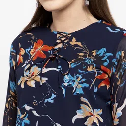 Claura Navy Blue Floral Print Georgette Top image 2