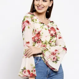 Claura Cream-Coloured & Red Floral Print Georgette Crop Top image 3