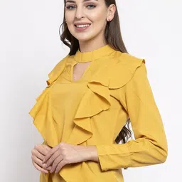 Claura Women Yellow Keyhole Neck Ruffles Crepe Top image 4