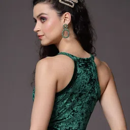 KASSUALLY Green Embellished Print Velvet Crop Top image 5