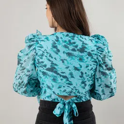 fuchsia PRETTY LOVING THING Women Blue & Teal Printed Chiffon Wrap Crop Top image 5