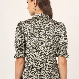 Beatnik Animal Printed Puff Sleeves Ruffles Satin Shirt Style Top image 5