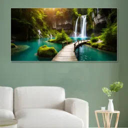 nestroots White Canvas Framed Enchanting Waterfall with Scenic Bridge Wall Painting(12X24 Inch)-picture-15