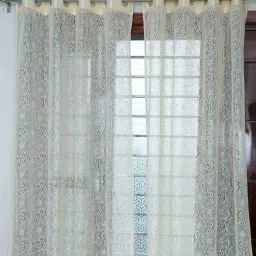 exporthub Cream Floral Polyester 7 Ft Sheer Eyelet Door Curtains (Set of 2) image 1
