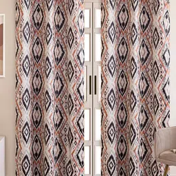 HOMEMONDE Grey & Tan Set of 2 Geometric Black Out Long Door Curtain image 1