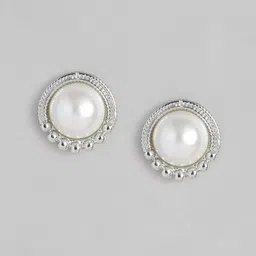 Estele Rhodium-Plated Pearls-Studded Circular Studs Earrings image 2