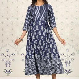 Ode by House of Pataudi Ethnic Motifs Printed Round Neck Tie-Up Cotton Midi Ethnic Dress image 1