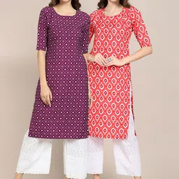 7threads KALINI Women Pack of 2 Purple & Red Ethnic Motifs Printed Crepe Kurta image 1