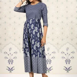 Ode by House of Pataudi Ethnic Motifs Printed Round Neck Tie-Up Cotton Midi Ethnic Dress image 4