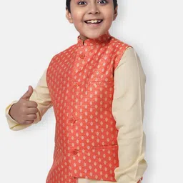 NAMASKAR Boys Orange & Cream-Coloured Printed Woven Nehru Jacket image 4