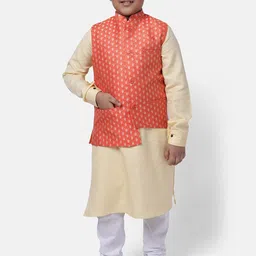 NAMASKAR Boys Orange & Cream-Coloured Printed Woven Nehru Jacket image 2