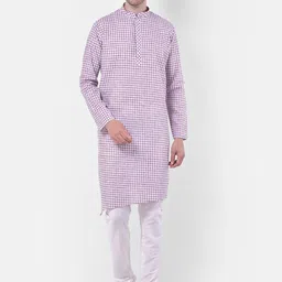 TABARD Checked Mandarin Collar Linen Kurta-picture-35